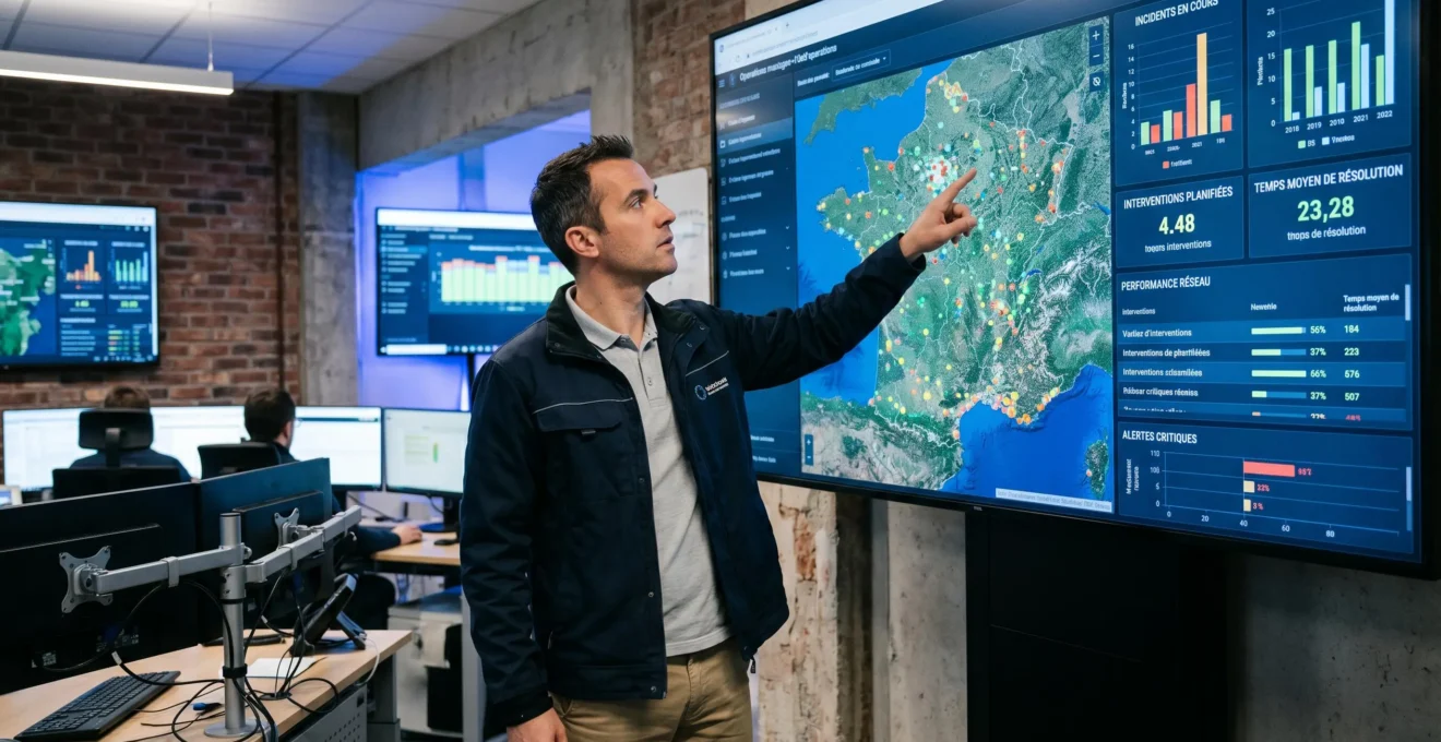 Responsable des opérations terrain consultant un tableau de bord digital affichant une carte géographique des interventions et des indicateurs de performance dans un centre de supervision télécom