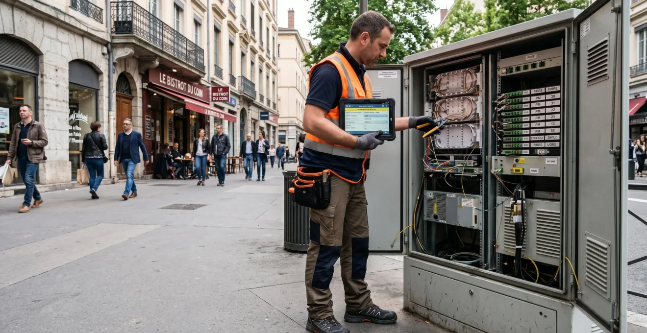 Technicien télécom en intervention sur une armoire de rue, consultant une tablette numérique tout en travaillant sur l'équipement réseau dans un environnement urbain français