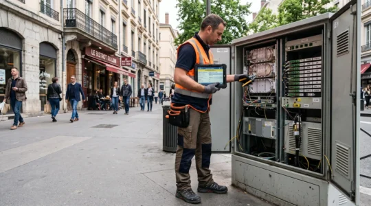 Technicien télécom en intervention sur une armoire de rue, consultant une tablette numérique tout en travaillant sur l'équipement réseau dans un environnement urbain français