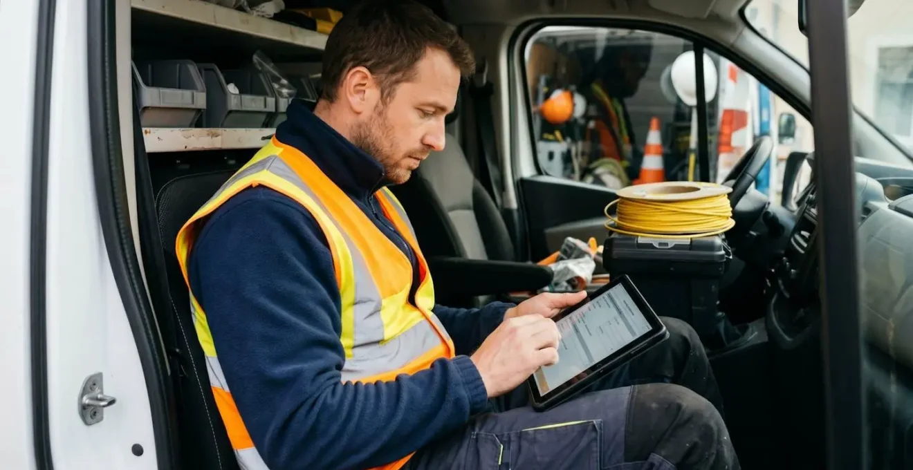 Technicien terrain complétant un rapport d'intervention numérique sur tablette depuis son véhicule de service, entouré d'équipements professionnels