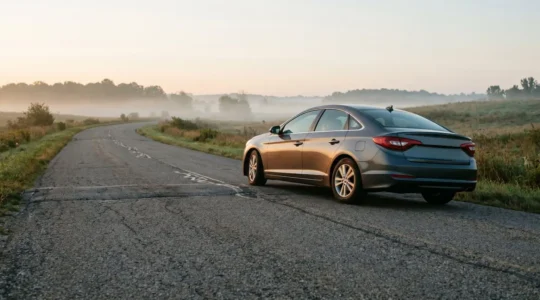 Voiture photographiee juste apres un dos-d-ane sur une route de campagne, illustrant le risque de perte de controle lie a des amortisseurs uses