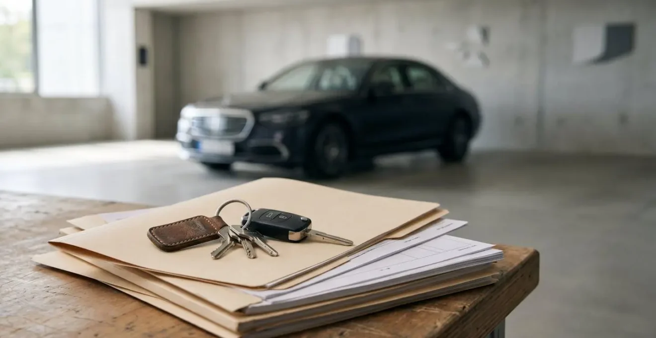 Clés de voiture posées sur une pile de documents rangés symbolisant la confiance et la valeur ajoutée par un entretien suivi