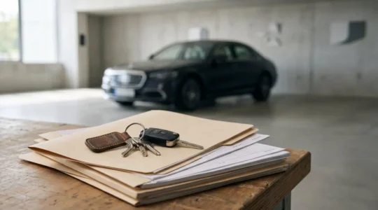 Clés de voiture posées sur une pile de documents rangés symbolisant la confiance et la valeur ajoutée par un entretien suivi