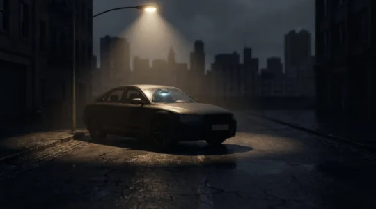 Voiture stationnée de nuit dans une rue urbaine, symbolisant les zones géographiques à risque de vol nécessitant une garantie vol renforcée