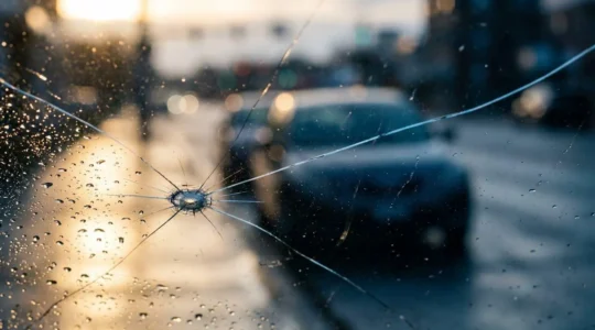 Gros plan sur un pare-brise fissuré illuminé par la lumière du matin, symbolisant le choix entre réparation et remplacement
