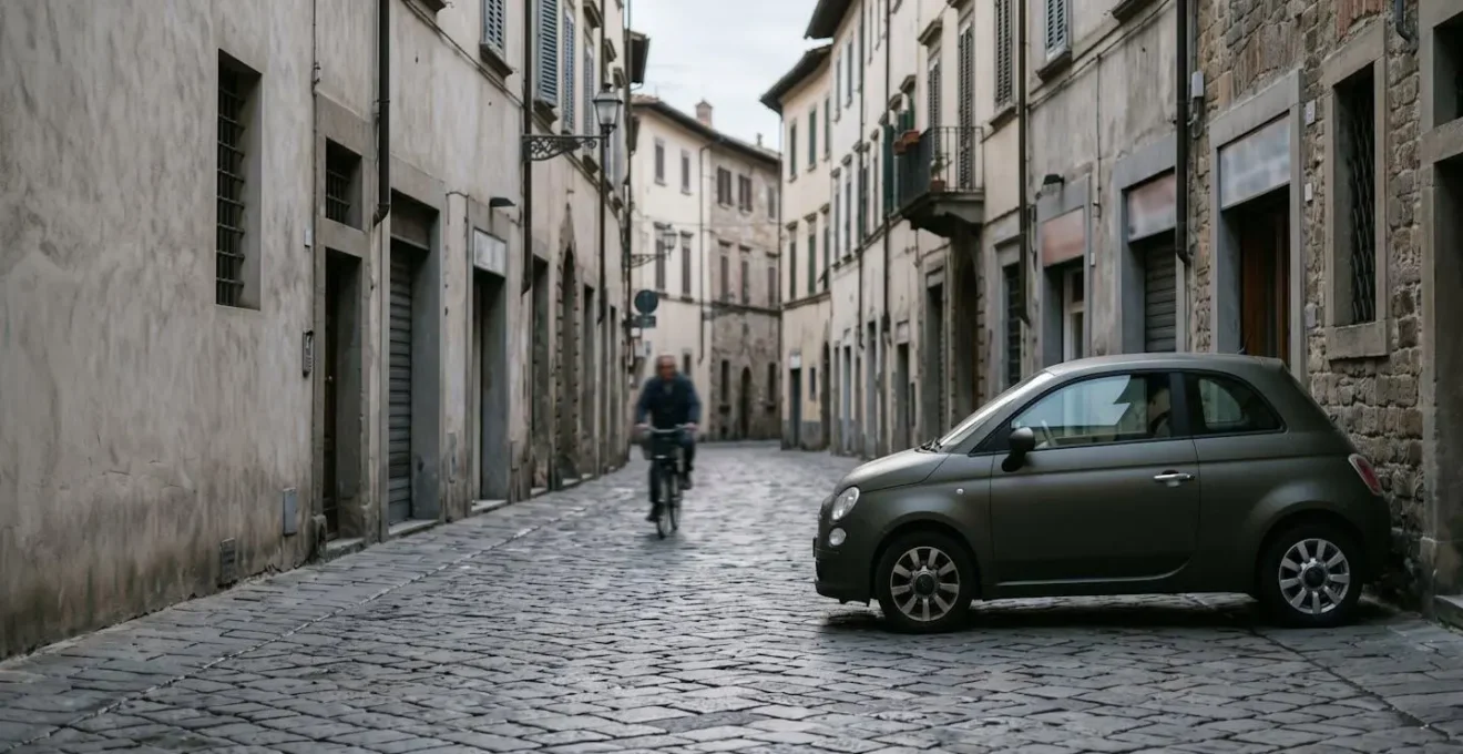 Petite citadine électrique garée sur une rue pavée européenne typique, illustrant l'usage urbain quotidien pour les trajets de moins de 10 km