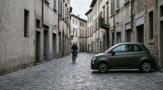Petite citadine électrique garée sur une rue pavée européenne typique, illustrant l'usage urbain quotidien pour les trajets de moins de 10 km