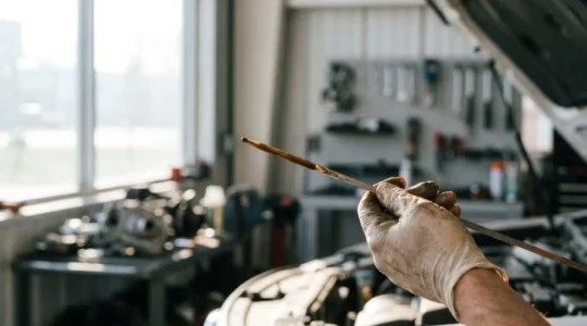 Main tenant une jauge d'huile moteur au-dessus d'un moteur de voiture, illustrant le controle mensuel du niveau d'huile pour eviter une panne couteuse