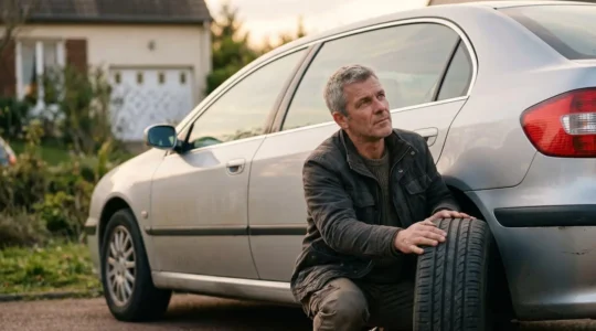 Un propriétaire inspectant soigneusement les feux arrière et les pneus de sa voiture dans une allée avant de la vendre