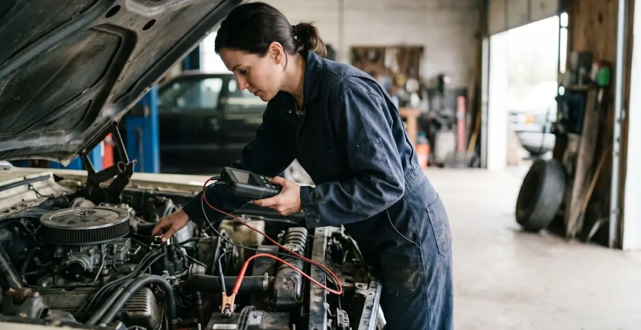 Mécanicien testant le circuit électrique d'une voiture avec un appareil de mesure sous le capot