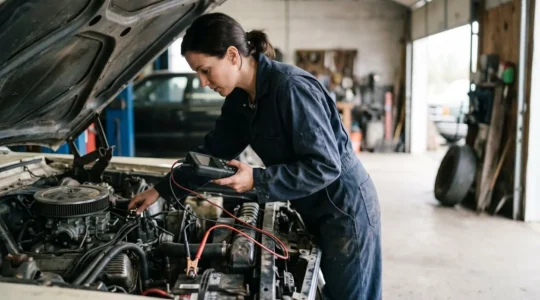 Mécanicien testant le circuit électrique d'une voiture avec un appareil de mesure sous le capot