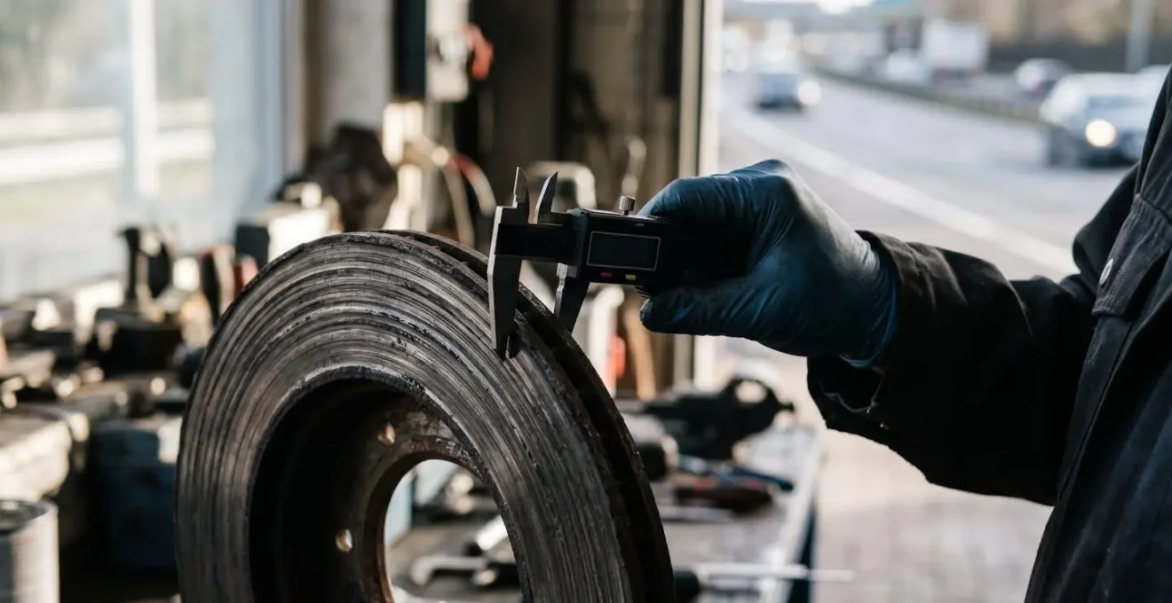 Gros plan d'un disque de frein automobile montrant les signes d'usure avancée, illustrant le thème de la sécurité et de la détection précoce