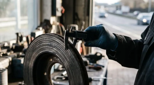 Gros plan d'un disque de frein automobile montrant les signes d'usure avancée, illustrant le thème de la sécurité et de la détection précoce