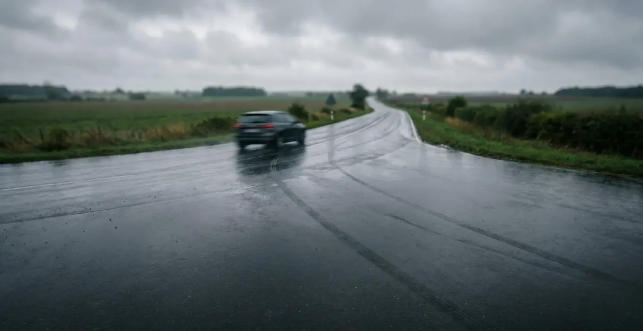Voiture roulant sur une route mouillée avec une visualisation symbolique de la distance de freinage supplémentaire nécessaire à haute vitesse