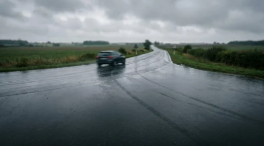 Voiture roulant sur une route mouillée avec une visualisation symbolique de la distance de freinage supplémentaire nécessaire à haute vitesse