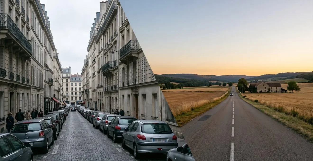 Contraste visuel entre une rue urbaine dense parisienne et une route de campagne française, symbolisant l'écart de valeur d'un véhicule selon la région