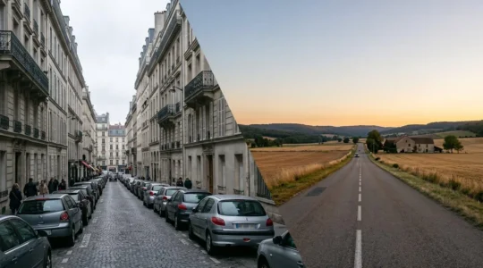 Contraste visuel entre une rue urbaine dense parisienne et une route de campagne française, symbolisant l'écart de valeur d'un véhicule selon la région