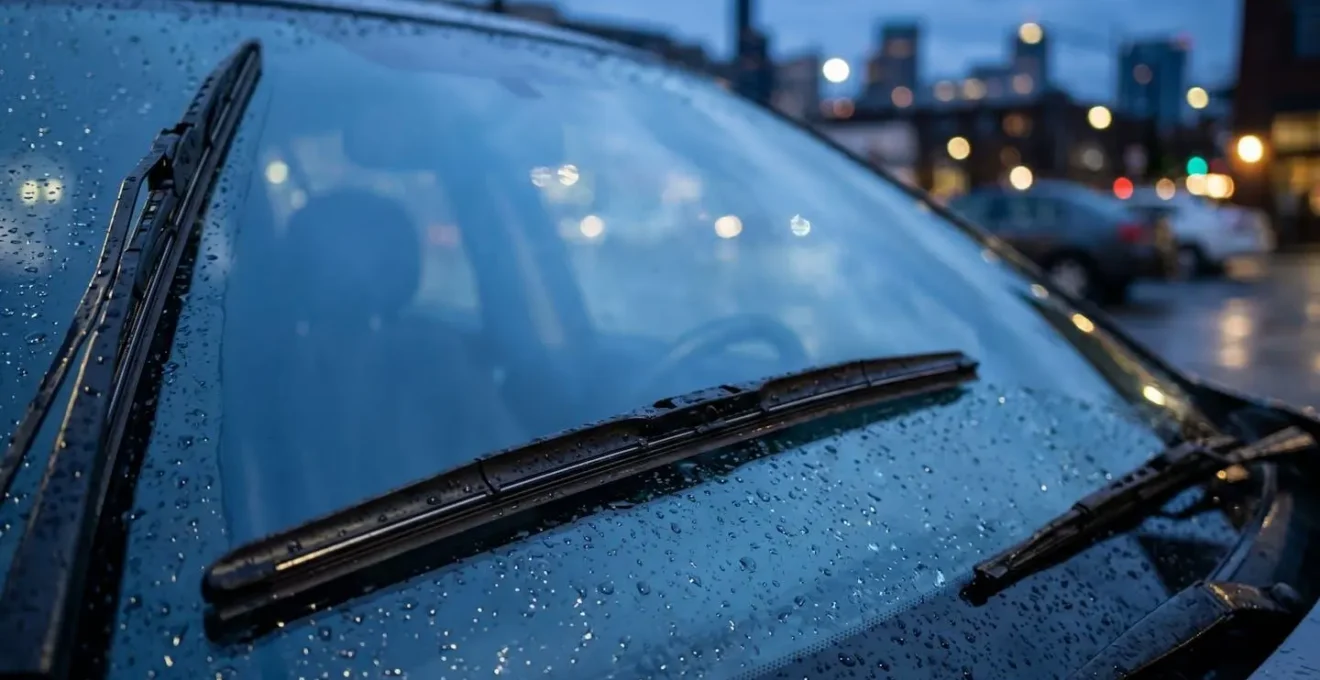 Gros plan artistique sur un bras d'essuie-glace et une lame de caoutchouc neuve posée sur un pare-brise humide, symbolisant l'entretien préventif automobile