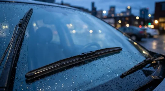 Gros plan artistique sur un bras d'essuie-glace et une lame de caoutchouc neuve posée sur un pare-brise humide, symbolisant l'entretien préventif automobile