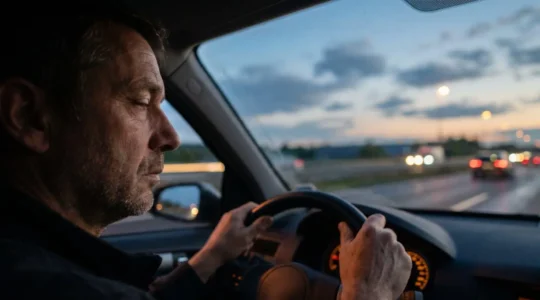 Conducteur aux paupières lourdes au volant d'une voiture au crépuscule sur une route d'autoroute, illustrant les signaux d'alerte de la fatigue au volant
