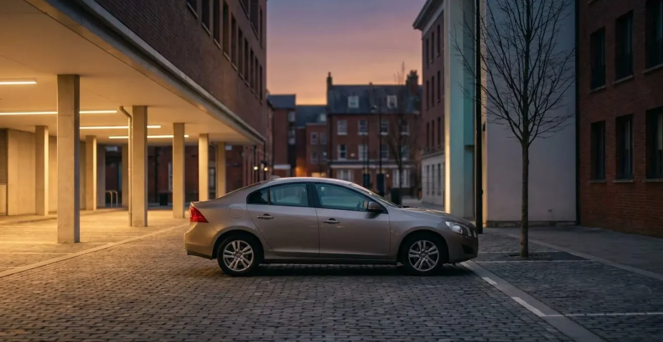 Voiture moderne stationnée en pleine lumière douce, symbolisant le choix intermédiaire entre deux niveaux de protection d'assurance auto