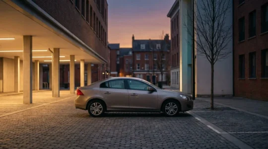 Voiture moderne stationnée en pleine lumière douce, symbolisant le choix intermédiaire entre deux niveaux de protection d'assurance auto