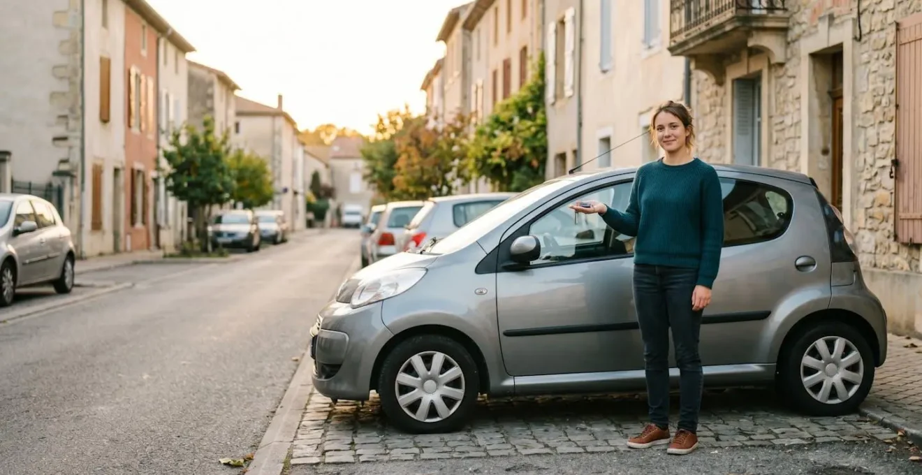 Jeune conducteur souriant remettant les clés de sa première petite voiture citadine dans une rue résidentielle française