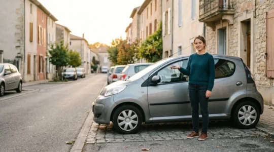 Jeune conducteur souriant remettant les clés de sa première petite voiture citadine dans une rue résidentielle française