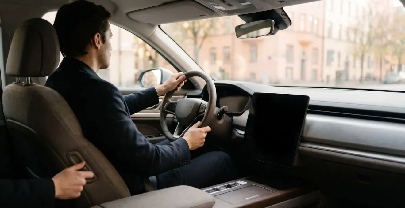 Conducteur ajustant sa position de conduite dans une voiture, illustrant les réglages de sécurité du siège, du volant et des rétroviseurs