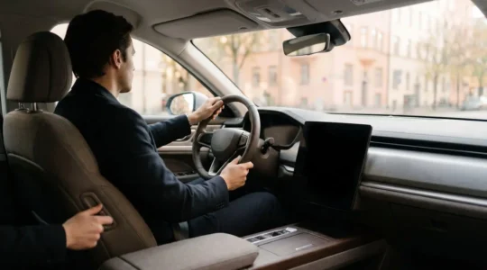 Conducteur ajustant sa position de conduite dans une voiture, illustrant les réglages de sécurité du siège, du volant et des rétroviseurs