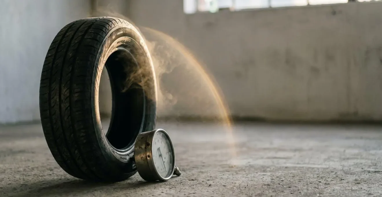 Gros plan artistique sur un pneu de voiture et un manomètre de pression posé sur le sol d'un garage, symbolisant le lien entre gonflage et consommation de carburant