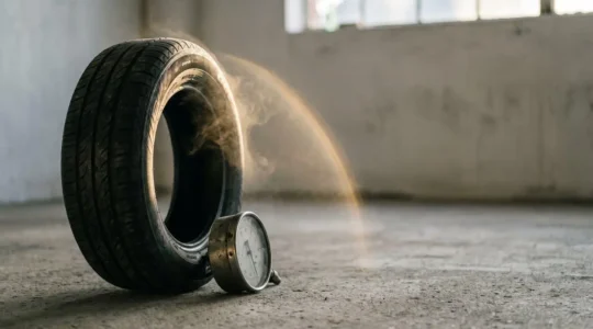 Gros plan artistique sur un pneu de voiture et un manomètre de pression posé sur le sol d'un garage, symbolisant le lien entre gonflage et consommation de carburant