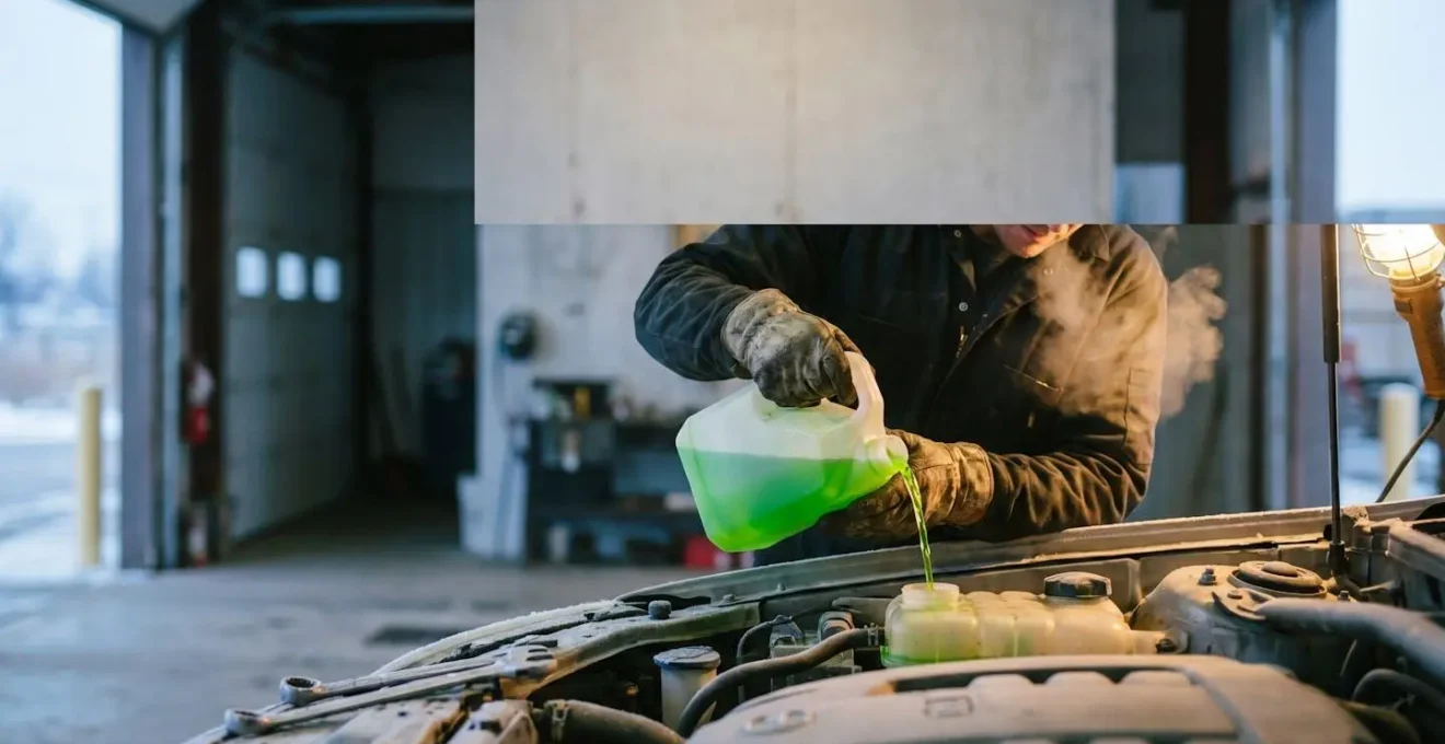 Mecanicien versant du liquide de refroidissement antigel dans le vase d'expansion d'un moteur par une matinee glaciale