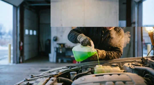 Mecanicien versant du liquide de refroidissement antigel dans le vase d'expansion d'un moteur par une matinee glaciale