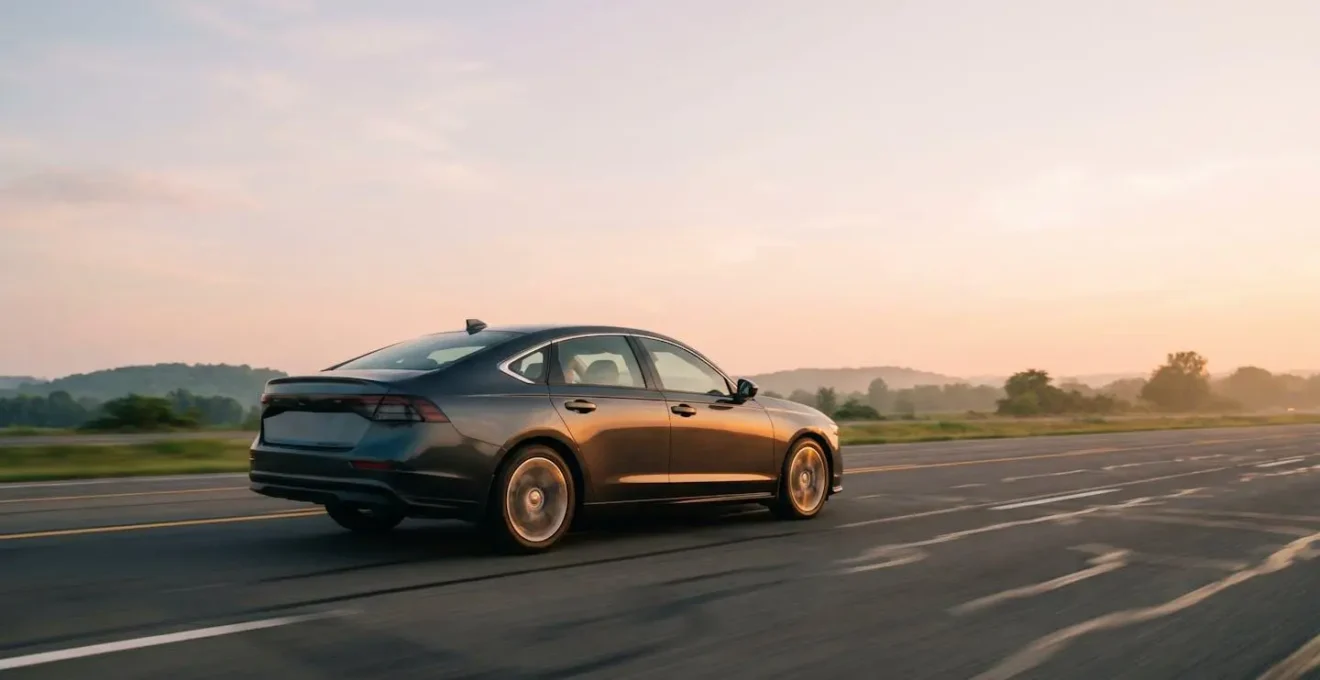 Voiture roulant sereinement sur une autoroute dégagée au crépuscule, symbolisant l'économie de carburant grâce au régulateur de vitesse