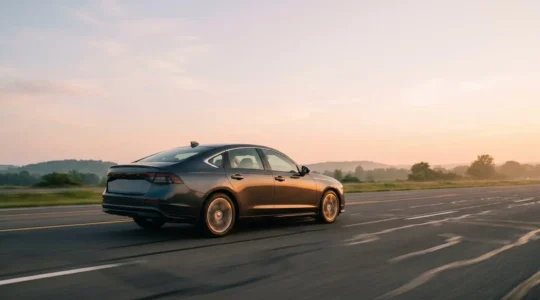 Voiture roulant sereinement sur une autoroute dégagée au crépuscule, symbolisant l'économie de carburant grâce au régulateur de vitesse