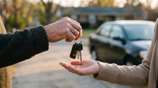Remise des clés d'une voiture entre particuliers, symbole de la confiance apportée par un certificat de non-gage