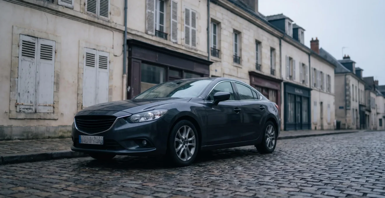 Voiture citadine garee dans une rue europeenne, symbolisant l'obligation legale d'assurance responsabilite civile automobile