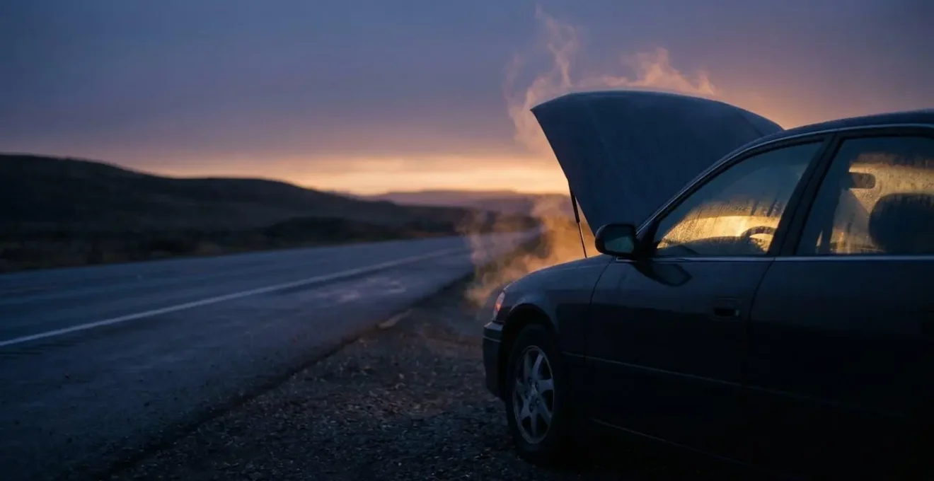 Voiture arretee sur le bord de la route avec le capot entrouvert et une legere vapeur de chaleur s'echappant du moteur au crepuscule