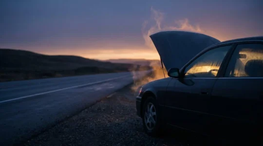 Voiture arretee sur le bord de la route avec le capot entrouvert et une legere vapeur de chaleur s'echappant du moteur au crepuscule