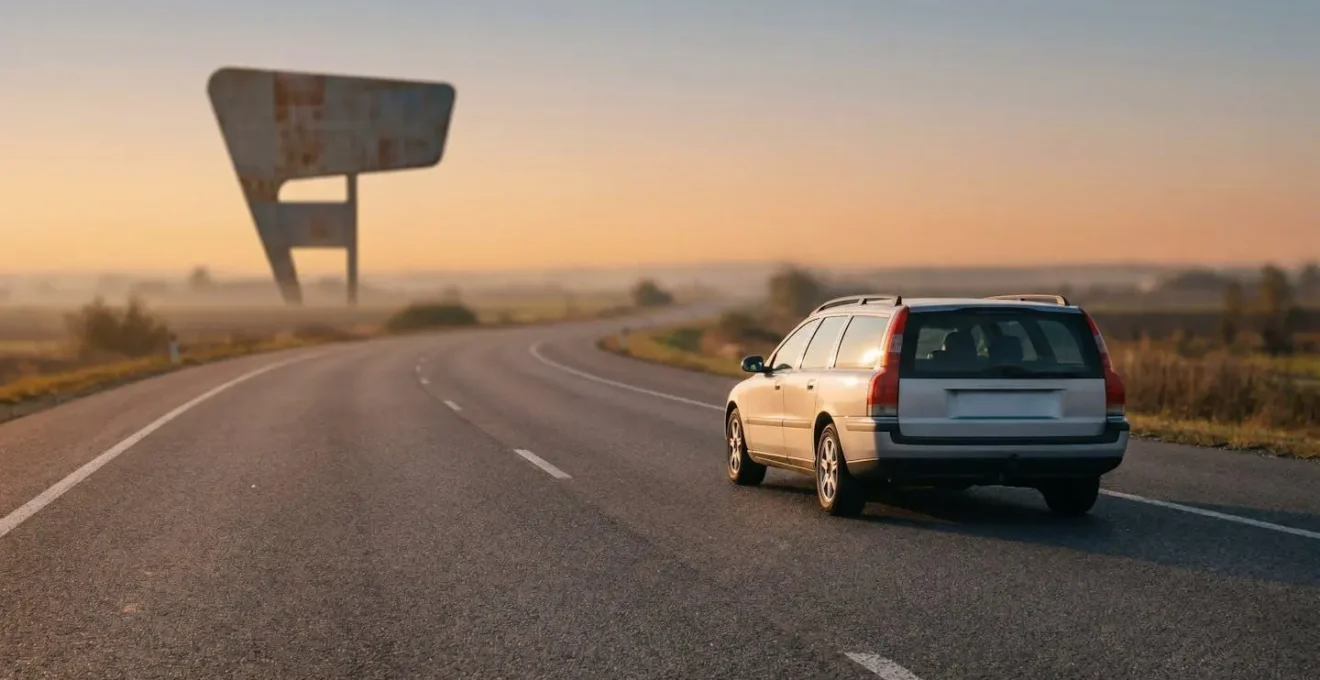 Une voiture roulant sur une autoroute au lever du soleil, symbolisant un trajet de plus de 500 km bien préparé et sans douleur