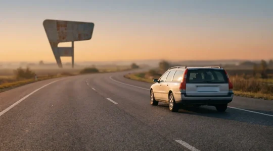 Une voiture roulant sur une autoroute au lever du soleil, symbolisant un trajet de plus de 500 km bien préparé et sans douleur