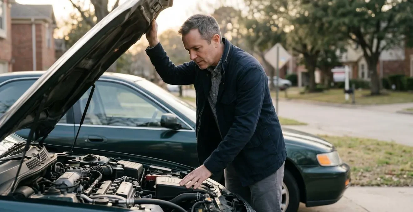 Acheteur examinant attentivement le moteur d'une voiture d'occasion avant la signature de l'achat