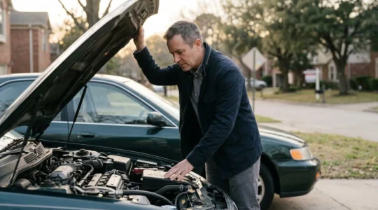 Acheteur examinant attentivement le moteur d'une voiture d'occasion avant la signature de l'achat