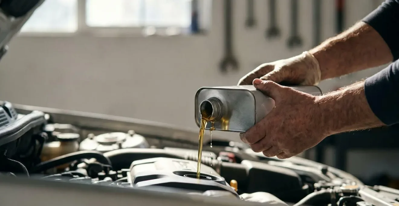 Gros plan sur des mains versant de l'huile moteur neuve dans un moteur de voiture lors d'une vidange, illustrant l'entretien adapté au kilométrage réel