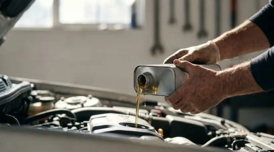 Gros plan sur des mains versant de l'huile moteur neuve dans un moteur de voiture lors d'une vidange, illustrant l'entretien adapté au kilométrage réel